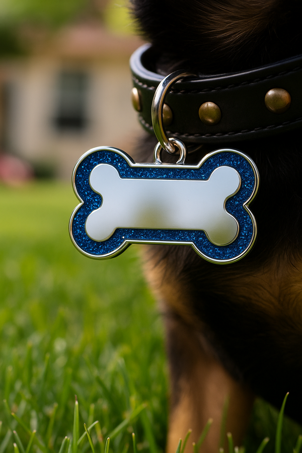 Personalized Dog & Cat Tag – Bone-Shaped Pet ID with Dark Blue Glitter Border