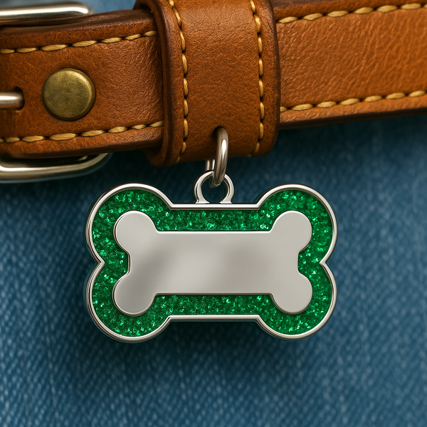 Personalized Dog & Cat Tag – Bone-Shaped Pet ID with Green Glitter Border