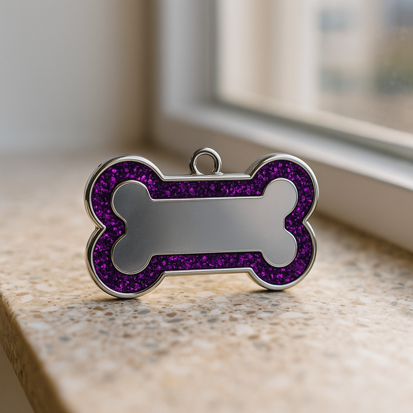 Personalized Dog & Cat Tag – Bone-Shaped Pet ID with Purple Glitter Border