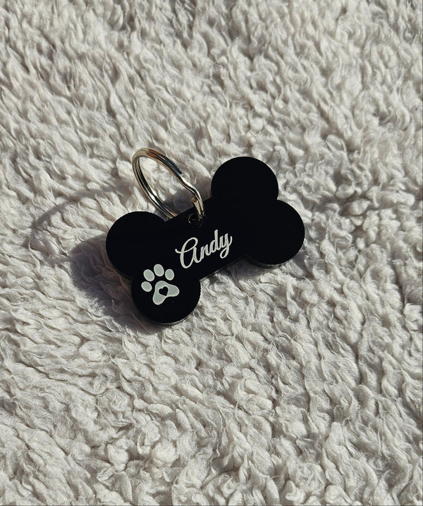Custom Engraved Bone-Shaped Pet Tag – Black Acrylic ID Tag with Paw Print NZ