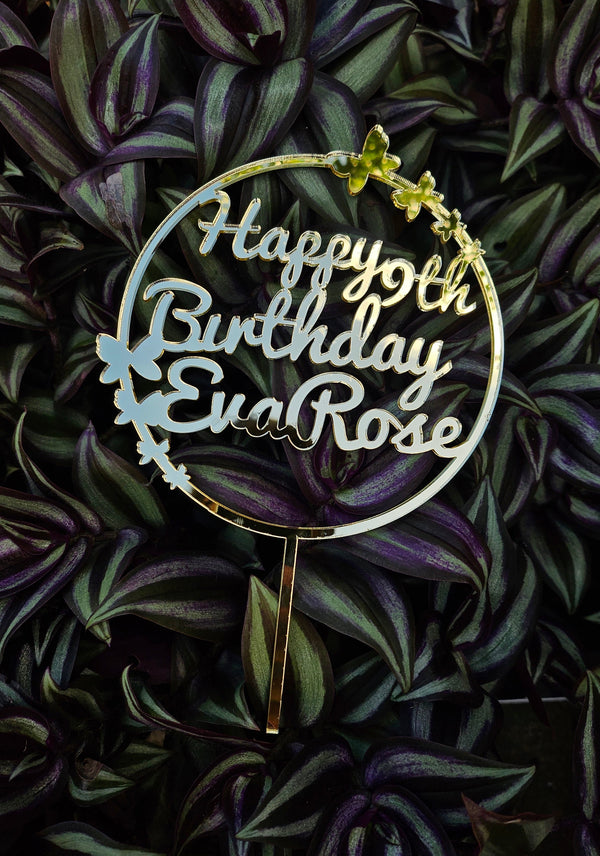 Custom Butterfly Cake Topper – Any Name & Age | Mirror Gold Acrylic | 150 mm | Made in NZ